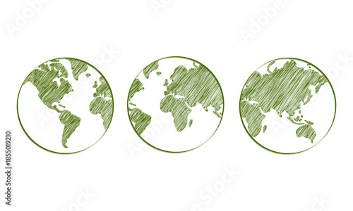 Illustration vector graphic of three earth globes with a hand-drawn green scribble texture, perfect for environmental themes, global business concepts, and ecology-focused graphic designs.