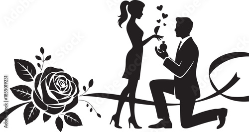 Romantic proposal silhouette with rose hearts and ribbon for valentine s day