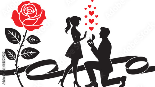 Romantic proposal silhouette with rose hearts and ribbon for valentine s day