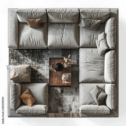Overhead shot Large, plush grey sofa arranged around a dark wood table on a patterned carpet