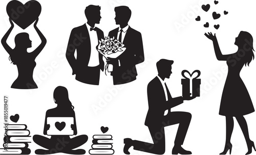 Romantic silhouette vector art showing couples exchanging hearts, flowers, and gifts, man proposing on one knee, woman throwing hearts upward, minimal black design on white background