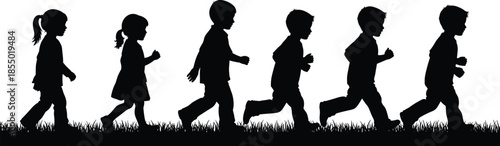 Children walking and running silhouette, childhood development, growth stages, active kids, outdoor movement, progression, education, innocence, unity