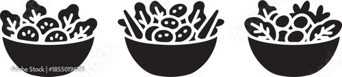 Salad bowl minimal food icon set, black color and white background