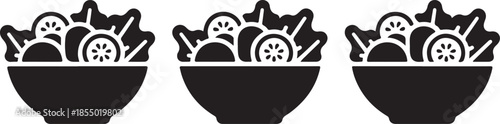 Salad bowl minimal food icon set, black color and white background