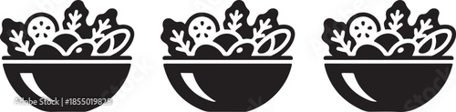Salad bowl minimal food icon set, black color and white background