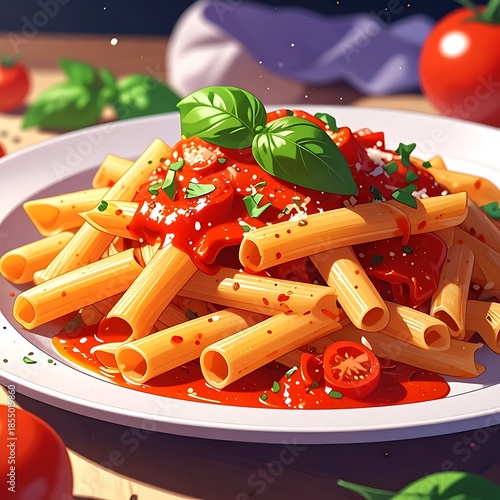 Pasta dish with tomato sauce, basil, and parmesan on a white plate with wooden table background