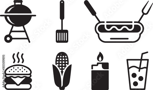 Set of hand-drawn barbecue and grilling icons for summer outdoor cooking and food preparation silhouette