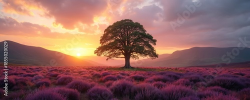 Lone tree stands in purple heather field during golden hour sunset. Mountains form horizon under warm cloudy sky. Peaceful Scottish landscape glows with soft light.
