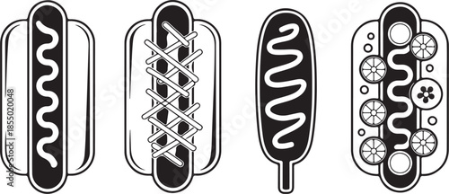 Set of hot dogs and corn dog with condiments delicious fast food icons vector