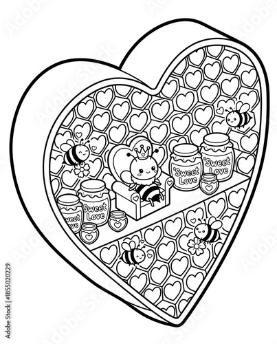 A delightful coloring page featuring a heart-shaped box filled with cute bees and jars of honey, perfect for relaxation and creative expression.