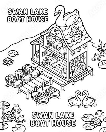 A charming illustration of a boathouse by Swan Lake, featuring swans and lily pads. Ideal for nature enthusiasts and lovers of whimsical designs.