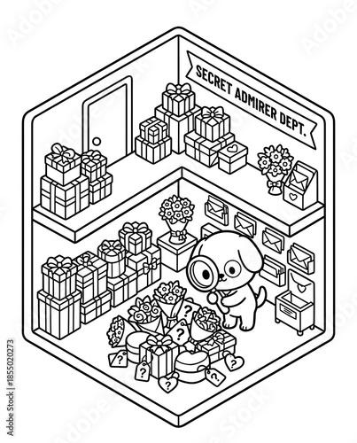 A whimsical illustration of a dog in a secret admirer department surrounded by gifts and flowers, showcasing themes of love and surprise in a charming, playful environment.