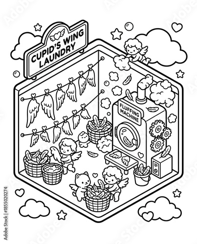 A whimsical, illustrated laundry scene featuring cherubs playfully handling laundry in a charming setting, complete with clouds and hearts, embodying a playful spirit of love.
