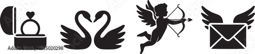 Set of romantic silhouette icons including diamond engagement ring swans forming heart cupid with bow and flying love letter vector illustration