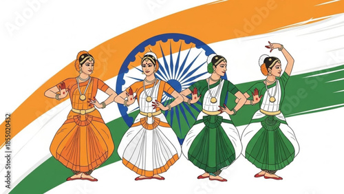 Indian classical dancers performing bharatanatyam dance in traditional attire