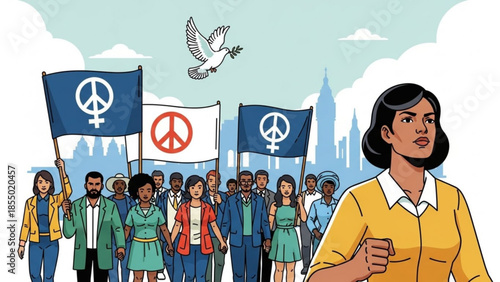 Diverse group of people marching for equality and peace with feminist symbols and peace signs