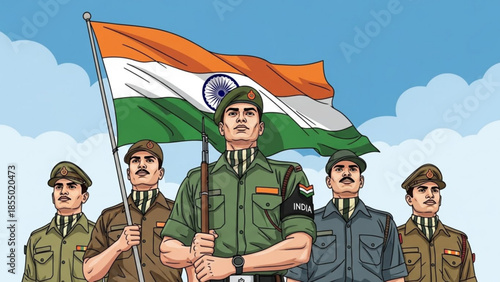 Indian soldiers holding national flag in uniform standing together against blue sky with clouds
