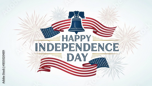 Happy independence day illustration with liberty bell and fireworks on white background