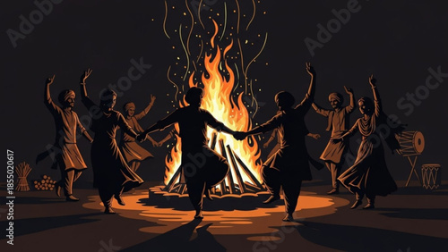 Group of people dancing around a bonfire at night, festive celebration illustration