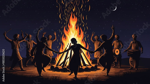 Group of people dancing around a bonfire under the night sky with crescent moon