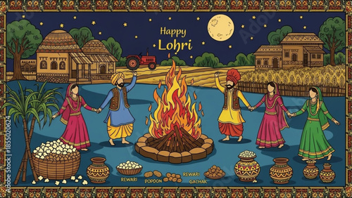Traditional indian lohri celebration at night with dancing people around fire