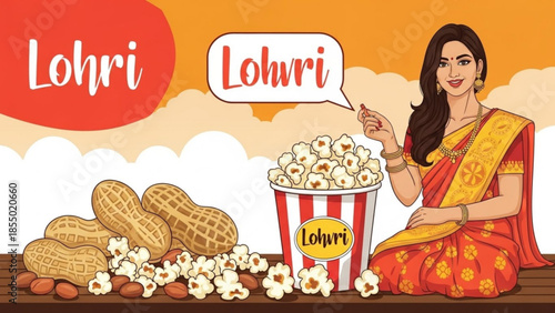 Woman in traditional indian attire celebrating lohri with peanuts and popcorn