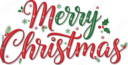 Elegant 'Merry Christmas' Calligraphy with Holly and Snowflakes