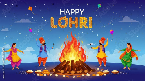 Vibrant lohri celebration with fire, kites, and traditional punjabi dancers under starry night