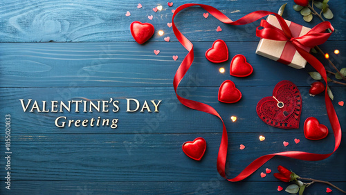 Red ribbon, gift box, hearts and valentine day greeting on dark blue wooden background celebrating gorgious love and romance.