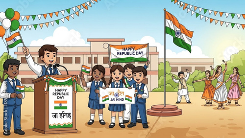 Group of children celebrating republic day of india at school ceremony with flags and patriotic