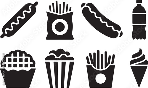 Silhouette icons of snack foods and drinks on dark background