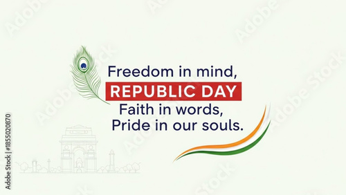 Republic day india patriotic poster with peacock feather and india gate monument illustration