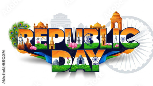 India republic day celebration illustration with iconic landmarks and cultural symbols