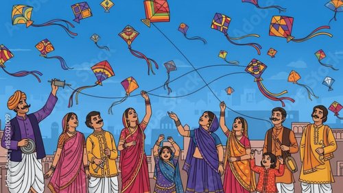 Group of people in traditional indian clothing flying kites on a sunny day, joyful festive