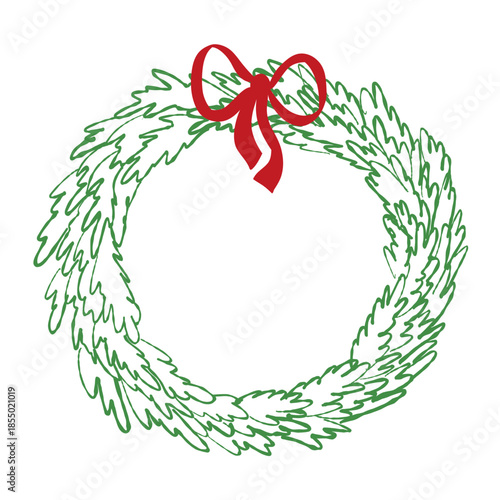 Wallpaper Mural Christmas fir wreath with ribbon. Whimsical Green spruce branch frame decorated with red bow. Hand drawn vector illustration isolated on. Winter holiday decoration. Torontodigital.ca