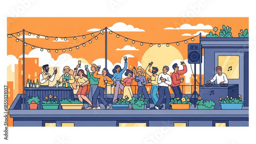 Vibrant rooftop party scene with dancing people and festive string lights