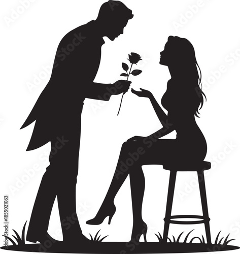 Silhouette wedding proposal by couple black color only