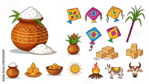 Indian pongal festival elements including pots of rice, kites, palm tree, cow, and traditional