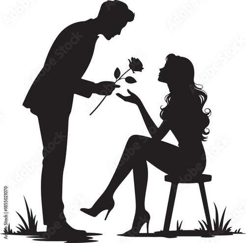 Silhouette wedding proposal by couple black color only