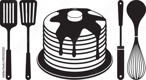 Stacked pancake silhouette with syrup, fluffy pancakes with topping vector, breakfast pancake food icon