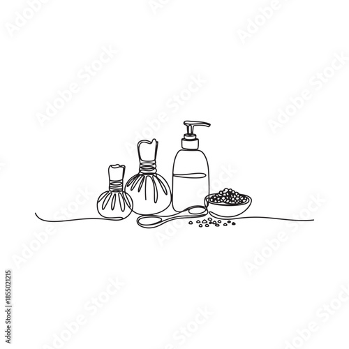 Minimalist line art illustration of bathroom essentials and scattered seeds