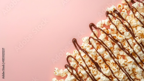 A delicious serving of popcorn drizzled with chocolate on a pink background