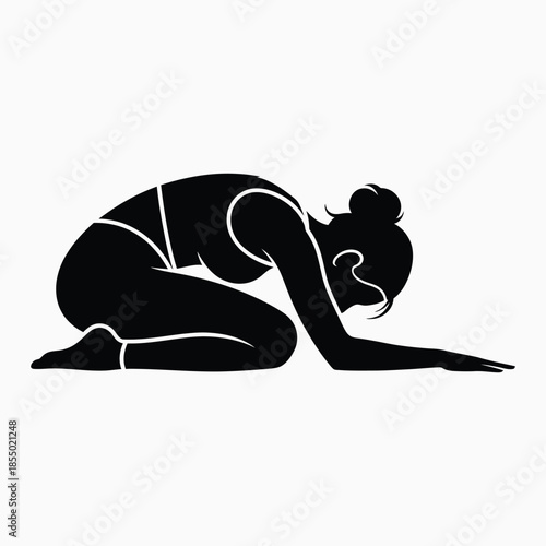 Black silhouette of woman in yoga pose on white background stretching