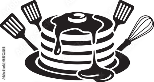 Stacked pancake silhouette with syrup, fluffy pancakes with topping vector, breakfast pancake food icon