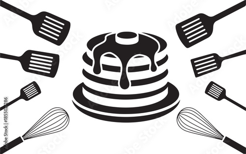 Stacked pancake silhouette with syrup, fluffy pancakes with topping vector, breakfast pancake food icon
