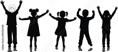 children, silhouette, raised, arms, unity, individuality, posture, gesture, black, white, icon, illustration, vector, design, symbol, group, standing, playful, moment, contrast