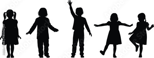 children, silhouette, playful, pose, gesture, posture, movement, individuality, black, white, icon, illustration, vector, design, symbol, standing, expressive, group, activity, moment