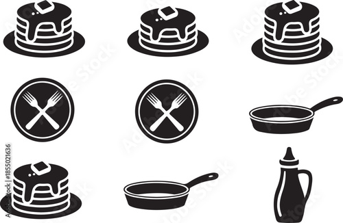 Stacked pancakes with syrup and butter fork and frying pan bottle vector