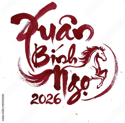 Vietnamese Calligraphy Lunar New Year Greeting Typography – Traditional Tet Red Brush Lettering