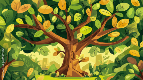 Vibrant illustration of large, stylized tree with brown branches and numerous green and yellow leaves, set against backdrop of lush foliage and abstract hints of urban structures in soft yellow light,